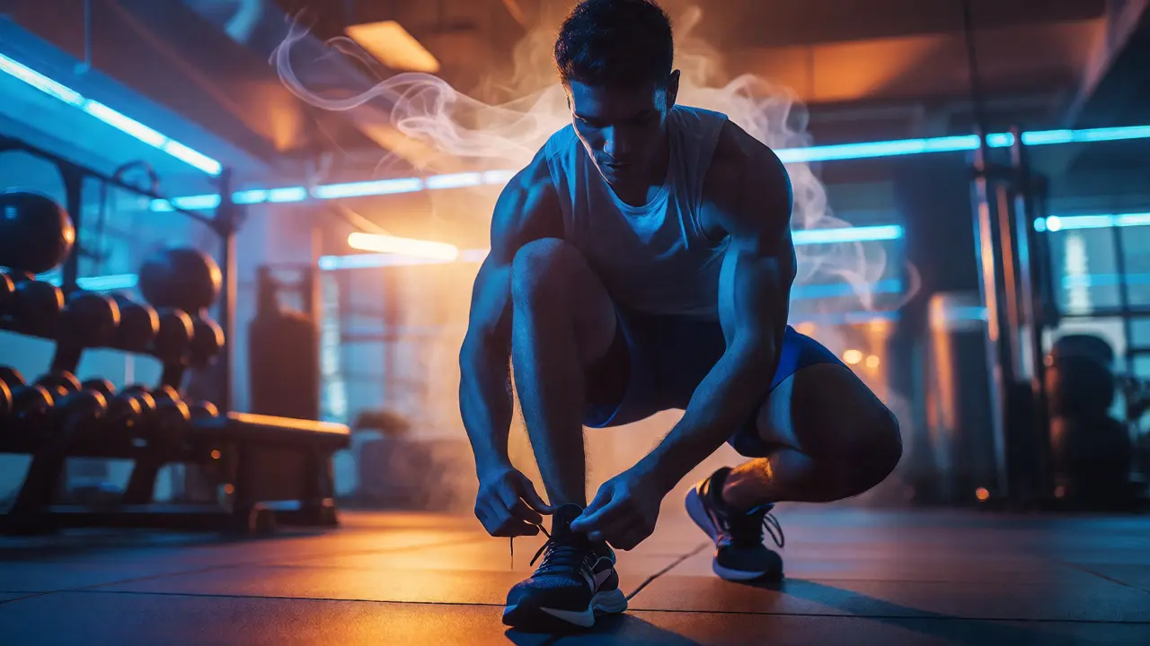 Sportovec v posilovně s jemnou párou, vyjadřující energii a soustředění