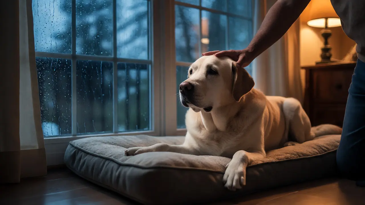 Starší labrador klidně ležící u okna během bouřky