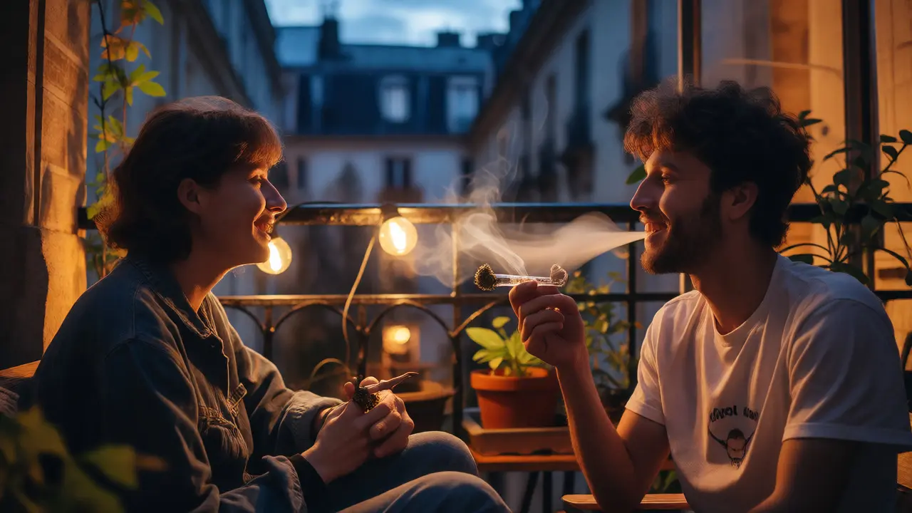 Dva přátelé relaxující na balkóně s konopným produktem za soumraku