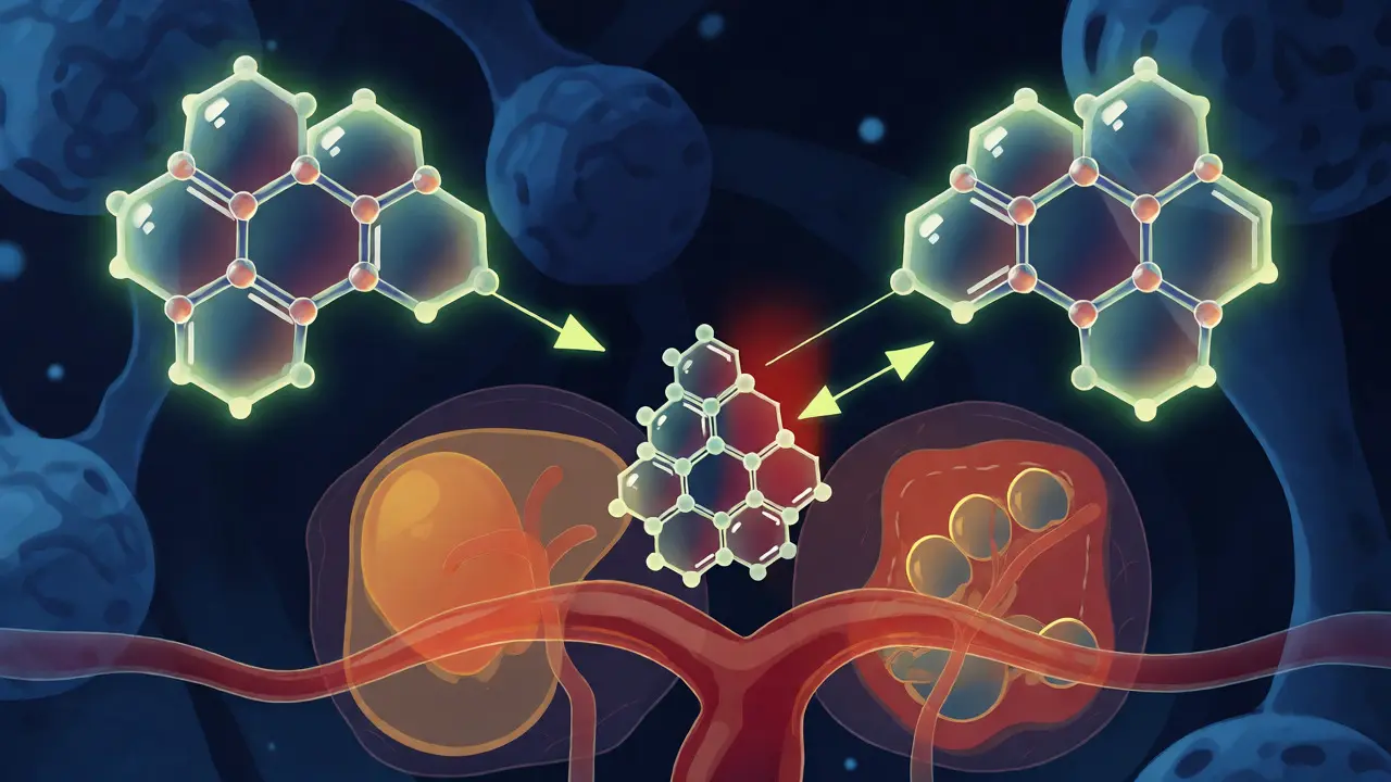 Ilustrace molekul Delta-8 a Delta-9 přeměňujících se na stejný metabolit