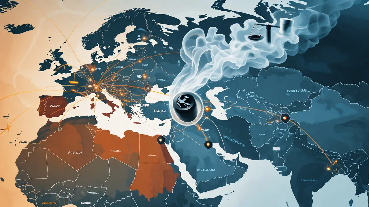 Konceptuální ilustrace globálních cest a legislativních bariér pro kanabinoidy