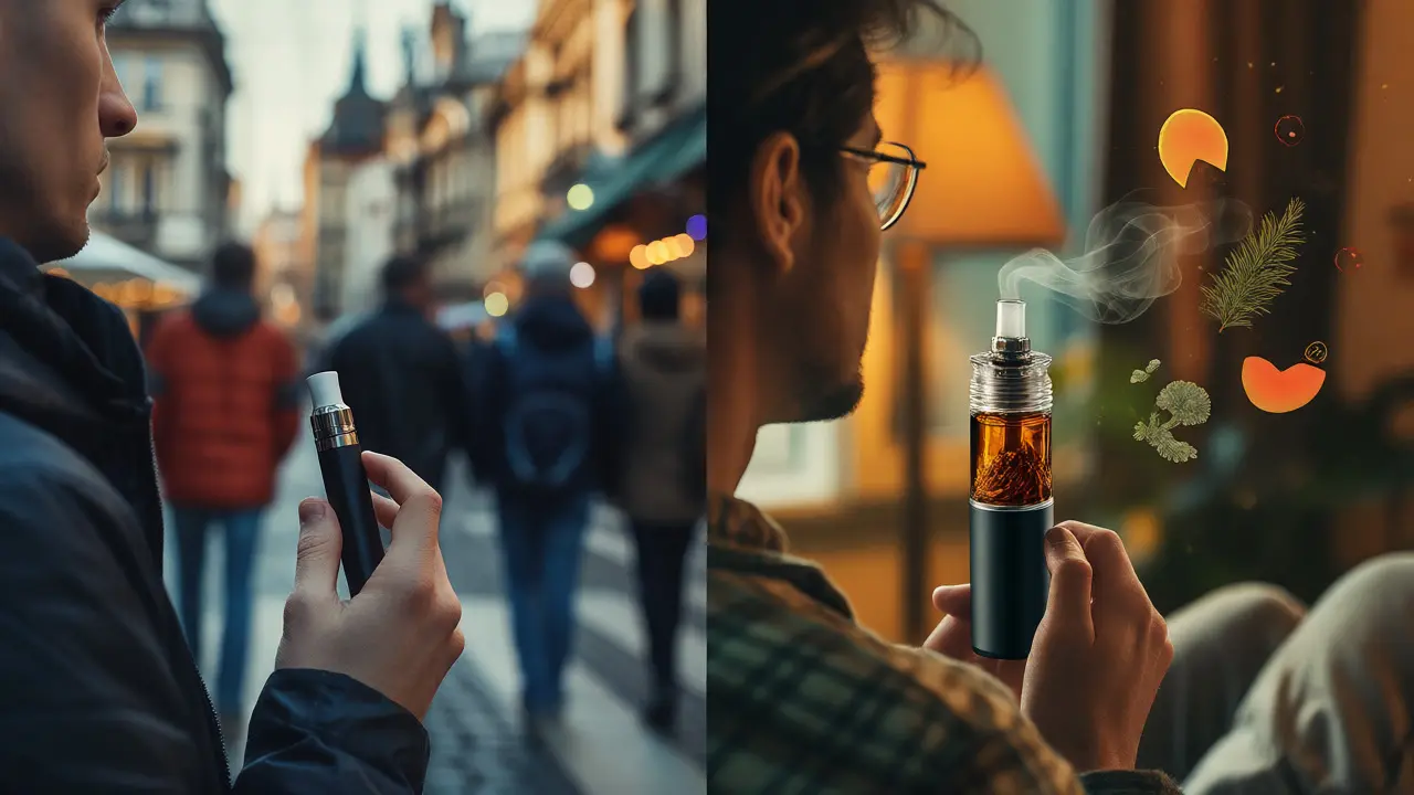 Konceptuální rozdělení scény mezi diskrétním vapingem ve městě a relaxačním užíváním vosku doma.