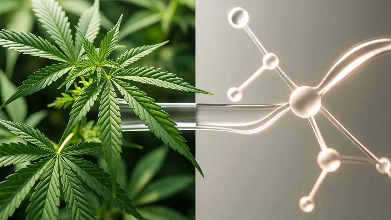 Konceptuální spojení konopných listů a chemické modifikace molekuly
