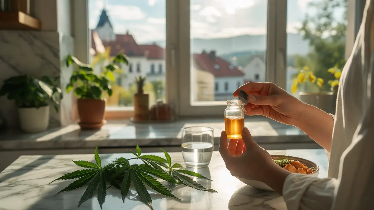 Osoba užívající CBG olej v osvětlené kuchyni