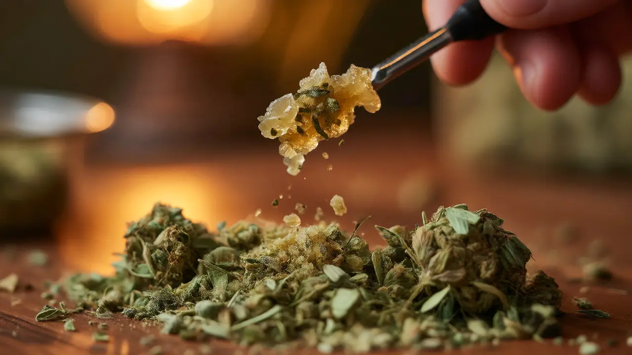 Rozdrcování CBD shatteru na drobné kousky nad směsí konopných květů
