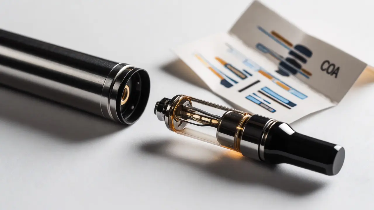 Rozložený dab pen s oddělenou baterií a certifikátem na bílém pozadí