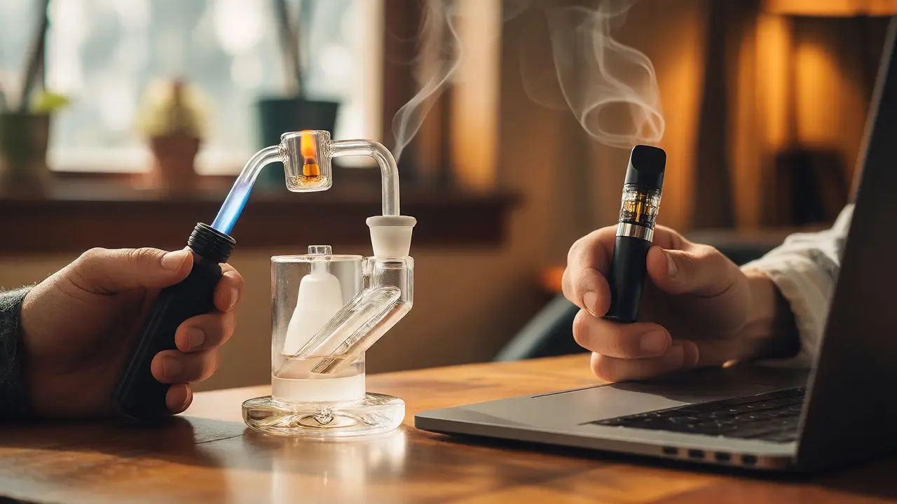 Rukou držený vapér vedle dab rigu s plamenem hořáku, znázornění rozdílu v přípravě zařízení.