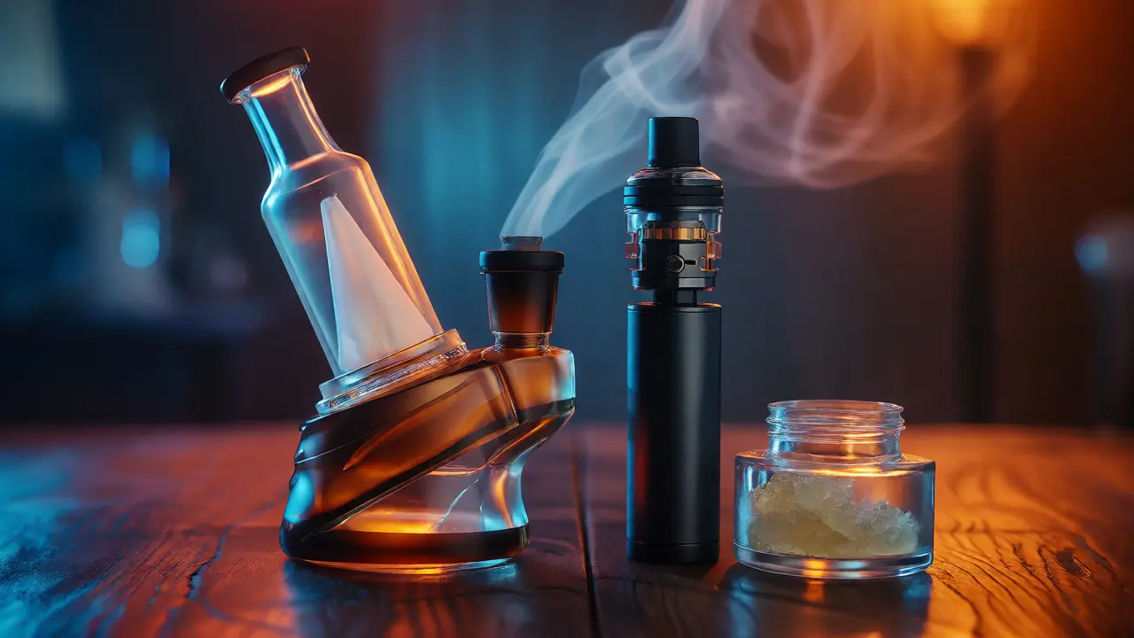 Skleněný dab rig a vaporizér vedle skleničky s CBD shatterem