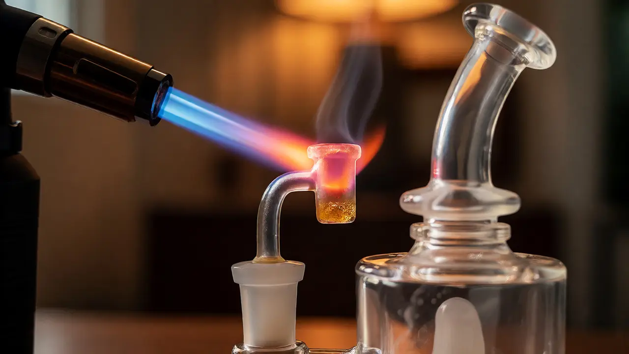 Zahřívání bangeru na dab rig plamenem zapalovače před vložením CBD shatteru pro správnou teplotu.